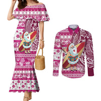 Custom Hawaii Mele Kalikimaka Couples Matching Mermaid Dress and Long Sleeve Button Shirt Santa Claus Surfing with Hawaiian Pattern Striped Pink Style LT03 Pink - Polynesian Pride