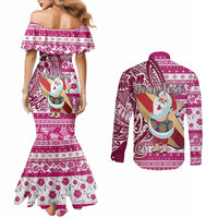 Custom Hawaii Mele Kalikimaka Couples Matching Mermaid Dress and Long Sleeve Button Shirt Santa Claus Surfing with Hawaiian Pattern Striped Pink Style LT03 - Polynesian Pride