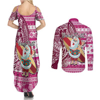 Custom Hawaii Mele Kalikimaka Couples Matching Summer Maxi Dress and Long Sleeve Button Shirt Santa Claus Surfing with Hawaiian Pattern Striped Pink Style LT03 - Polynesian Pride