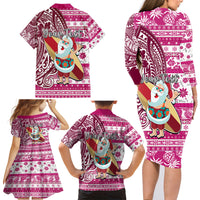 Custom Hawaii Mele Kalikimaka Family Matching Long Sleeve Bodycon Dress and Hawaiian Shirt Santa Claus Surfing with Hawaiian Pattern Striped Pink Style LT03 - Polynesian Pride