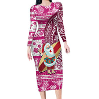 Custom Hawaii Mele Kalikimaka Family Matching Long Sleeve Bodycon Dress and Hawaiian Shirt Santa Claus Surfing with Hawaiian Pattern Striped Pink Style LT03 Mom's Dress Pink - Polynesian Pride