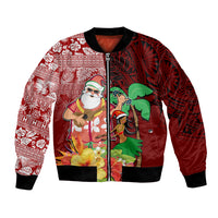 Hawaii Mele Kalikimaka Bomber Jacket Santa Claus and Hula Girl Tropical Folwer with Hawaiian Pattern LT03 Unisex Red - Polynesian Pride