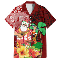Hawaii Mele Kalikimaka Family Matching Off Shoulder Short Dress and Hawaiian Shirt Santa Claus and Hula Girl Tropical Folwer with Hawaiian Pattern LT03 Dad's Shirt - Short Sleeve Red - Polynesian Pride
