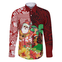 Hawaii Mele Kalikimaka Family Matching Tank Maxi Dress and Hawaiian Shirt Santa Claus and Hula Girl Tropical Folwer with Hawaiian Pattern LT03 Dad's Shirt - Long Sleeve Red - Polynesian Pride