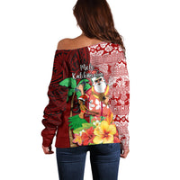 Hawaii Mele Kalikimaka Off Shoulder Sweater Santa Claus and Hula Girl Tropical Folwer with Hawaiian Pattern LT03 - Polynesian Pride