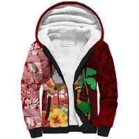 Hawaii Mele Kalikimaka Sherpa Hoodie Santa Claus and Hula Girl Tropical Folwer with Hawaiian Pattern LT03 Unisex Red - Polynesian Pride
