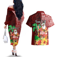 Custom Hawaii Mele Kalikimaka Couples Matching Off The Shoulder Long Sleeve Dress and Hawaiian Shirt Santa Claus and Hula Girl Tropical Folwer with Hawaiian Pattern LT03 - Polynesian Pride