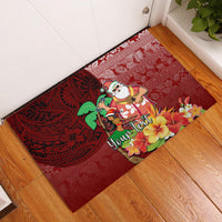 Custom Hawaii Mele Kalikimaka Rubber Doormat Santa Claus and Hula Girl Tropical Folwer with Hawaiian Pattern LT03 Red - Polynesian Pride