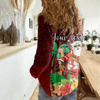 Custom Hawaii Mele Kalikimaka Women Casual Shirt Santa Claus and Hula Girl Tropical Folwer with Hawaiian Pattern LT03 - Polynesian Pride