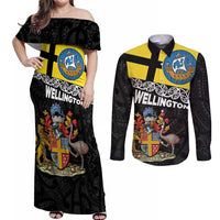 New Zealand Wellington Couples Matching Off Shoulder Maxi Dress and Long Sleeve Button Shirt The Capital's Emblems Flag and Koru Art