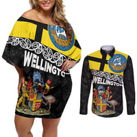 New Zealand Wellington Couples Matching Off Shoulder Short Dress and Long Sleeve Button Shirt The Capital's Emblems Flag and Koru Art