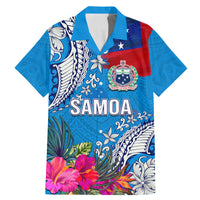 Personalised Samoa Coat Of Arms Family Matching Mermaid Dress and Hawaiian Shirt Tropical Flower Blue Polynesian Pattern LT03 Dad's Shirt - Short Sleeve Blue - Polynesian Pride