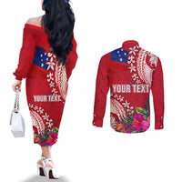 Personalised Samoa Coat Of Arms Couples Matching Off The Shoulder Long Sleeve Dress and Long Sleeve Button Shirt Tropical Flower Red Polynesian Pattern LT03 - Polynesian Pride