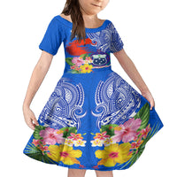 Personalised Samoa Coat Of Arms Family Matching Off Shoulder Long Sleeve Dress and Hawaiian Shirt Hibiscus Polynesian Tattoo Pattern LT03 Daughter's Dress Blue - Polynesian Pride