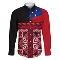 Samoa Flag Day Family Matching Summer Maxi Dress and Hawaiian Shirt Siapo Pattern and Ula Fala LT03 Dad's Shirt - Long Sleeve Red - Polynesian Pride