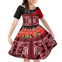 Samoa Flag Day Family Matching Tank Maxi Dress and Hawaiian Shirt Siapo Pattern and Ula Fala LT03 Daughter's Dress Red - Polynesian Pride