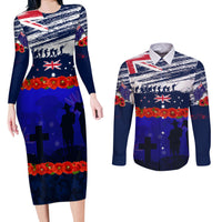 New Zealand and Australia ANZAC Day Couples Matching Long Sleeve Bodycon Dress and Long Sleeve Button Shirt Lest We Forget Red Poppy Flowers and Soldier LT03 Blue - Polynesian Pride