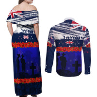 New Zealand and Australia ANZAC Day Couples Matching Off Shoulder Maxi Dress and Long Sleeve Button Shirt Lest We Forget Red Poppy Flowers and Soldier LT03 - Polynesian Pride