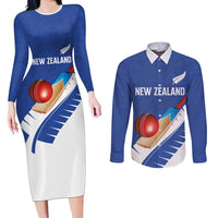 Custom New Zealand Cricket Couples Matching Long Sleeve Bodycon Dress and Long Sleeve Button Shirt Kiwi Birds Haka Dance Blue Fern Sporty Style LT03 Blue - Polynesian Pride