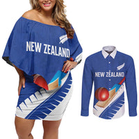 Custom New Zealand Cricket Couples Matching Off Shoulder Short Dress and Long Sleeve Button Shirt Kiwi Birds Haka Dance Blue Fern Sporty Style LT03 Blue - Polynesian Pride