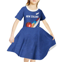 Custom New Zealand Cricket Kid Short Sleeve Dress Kiwi Birds Haka Dance Blue Fern Sporty Style LT03 - Polynesian Pride