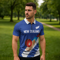 Custom New Zealand Cricket Zipper Polo Shirt Kiwi Birds Haka Dance Blue Fern Sporty Style LT03 - Polynesian Pride