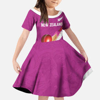 Custom New Zealand Cricket Family Matching Puletasi and Hawaiian Shirt Kiwi Birds Haka Dance Pink Fern Sporty Style LT03 Daughter's Dress Pink - Polynesian Pride