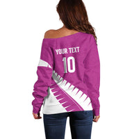 Custom New Zealand Cricket Off Shoulder Sweater Kiwi Birds Haka Dance Pink Fern Sporty Style