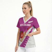 Custom New Zealand Cricket Scrub Top Kiwi Birds Haka Dance Pink Fern Sporty Style LT03 - Polynesian Pride