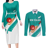 Custom New Zealand Cricket Couples Matching Long Sleeve Bodycon Dress and Long Sleeve Button Shirt Kiwi Birds Haka Dance Turquoise Fern Sporty Style LT03 Turquoise - Polynesian Pride