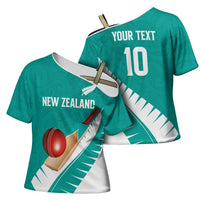 Custom New Zealand Cricket Cross Shoulder Shirt Kiwi Birds Haka Dance Turquoise Fern Sporty Style LT03 - Polynesian Pride