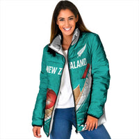 Custom New Zealand Cricket Padded Jacket Kiwi Birds Haka Dance Turquoise Fern Sporty Style
