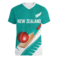Custom New Zealand Cricket Women V-Neck T-Shirt Kiwi Birds Haka Dance Turquoise Fern Sporty Style LT03 Female Turquoise - Polynesian Pride