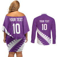 Custom New Zealand Cricket Couples Matching Off Shoulder Short Dress and Long Sleeve Button Shirt Kiwi Birds Haka Dance Purple Fern Sporty Style LT03 - Polynesian Pride