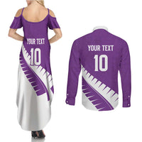 Custom New Zealand Cricket Couples Matching Summer Maxi Dress and Long Sleeve Button Shirt Kiwi Birds Haka Dance Purple Fern Sporty Style LT03 - Polynesian Pride