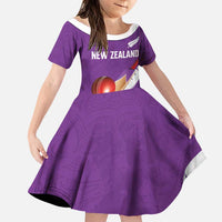 Custom New Zealand Cricket Family Matching Long Sleeve Bodycon Dress and Hawaiian Shirt Kiwi Birds Haka Dance Purple Fern Sporty Style LT03 Daughter's Dress Purple - Polynesian Pride