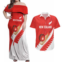 Custom New Zealand Cricket Couples Matching Off Shoulder Maxi Dress and Hawaiian Shirt Kiwi Birds Haka Dance Red Fern Sporty Style LT03 Red - Polynesian Pride