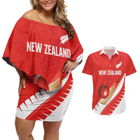 Custom New Zealand Cricket Couples Matching Off Shoulder Short Dress and Hawaiian Shirt Kiwi Birds Haka Dance Red Fern Sporty Style LT03 Red - Polynesian Pride