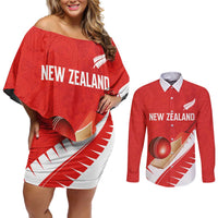 Custom New Zealand Cricket Couples Matching Off Shoulder Short Dress and Long Sleeve Button Shirt Kiwi Birds Haka Dance Red Fern Sporty Style LT03 Red - Polynesian Pride