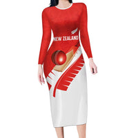 Custom New Zealand Cricket Family Matching Long Sleeve Bodycon Dress and Hawaiian Shirt Kiwi Birds Haka Dance Red Fern Sporty Style LT03 Mom's Dress Red - Polynesian Pride