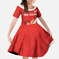 Custom New Zealand Cricket Family Matching Off Shoulder Maxi Dress and Hawaiian Shirt Kiwi Birds Haka Dance Red Fern Sporty Style LT03 Daughter's Dress Red - Polynesian Pride