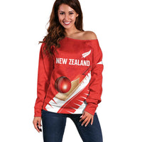 Custom New Zealand Cricket Off Shoulder Sweater Kiwi Birds Haka Dance Red Fern Sporty Style
