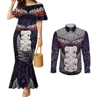 New Zealand Hei Tiki Couples Matching Mermaid Dress and Long Sleeve Button Shirt Maori Purple Papua Shell Pattern LT03 Purple - Polynesian Pride