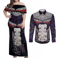 New Zealand Hei Tiki Couples Matching Off Shoulder Maxi Dress and Long Sleeve Button Shirt Maori Purple Papua Shell Pattern LT03 Purple - Polynesian Pride