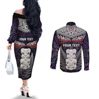 New Zealand Hei Tiki Couples Matching Off The Shoulder Long Sleeve Dress and Long Sleeve Button Shirt Maori Purple Papua Shell Pattern LT03 - Polynesian Pride
