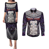 New Zealand Hei Tiki Couples Matching Puletasi and Long Sleeve Button Shirt Maori Purple Papua Shell Pattern LT03 Purple - Polynesian Pride