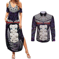 New Zealand Hei Tiki Couples Matching Summer Maxi Dress and Long Sleeve Button Shirt Maori Purple Papua Shell Pattern LT03 Purple - Polynesian Pride