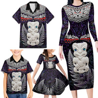 New Zealand Hei Tiki Family Matching Long Sleeve Bodycon Dress and Hawaiian Shirt Maori Purple Papua Shell Pattern LT03 - Polynesian Pride