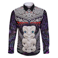 New Zealand Hei Tiki Family Matching Off Shoulder Short Dress and Hawaiian Shirt Maori Purple Papua Shell Pattern LT03 Dad's Shirt - Long Sleeve Purple - Polynesian Pride