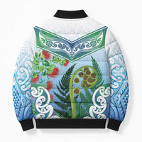 Aotearoa New Zealand Natural Plants Bomber Puffer Jacket Pohutukawa with Silver Ferns Koru Frond Maori Tattoos